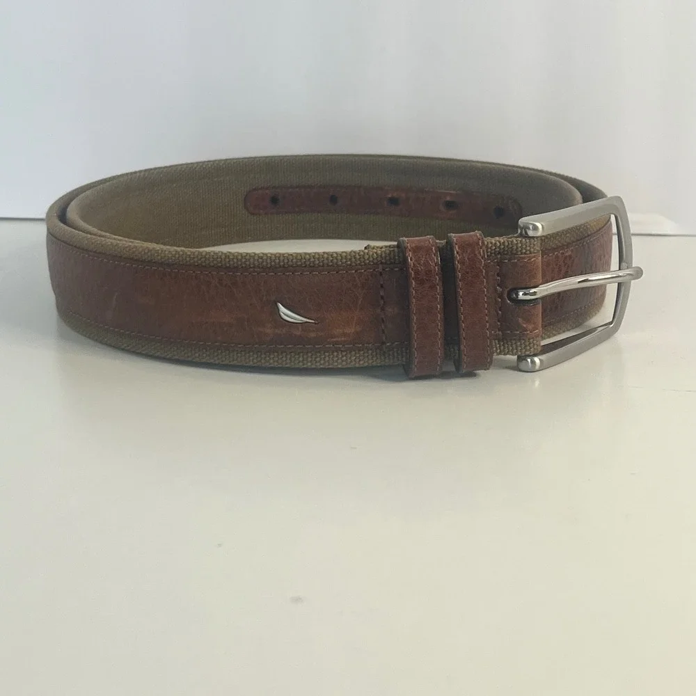 Nautica Mens Brown Leather Khaki Canvas Webbing Belt Size 38 GDB Silver Buckle